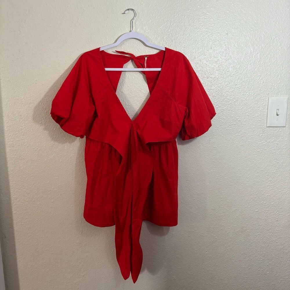 Free People Red Balloon Sleeve Open Back Top & Shorts Set | Size Medium | - Picture 2 of 11